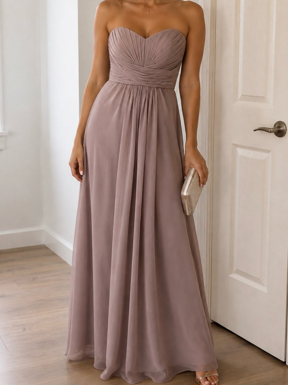 David's Bridal Strapless Pleated Chiffon Gown in Mauve